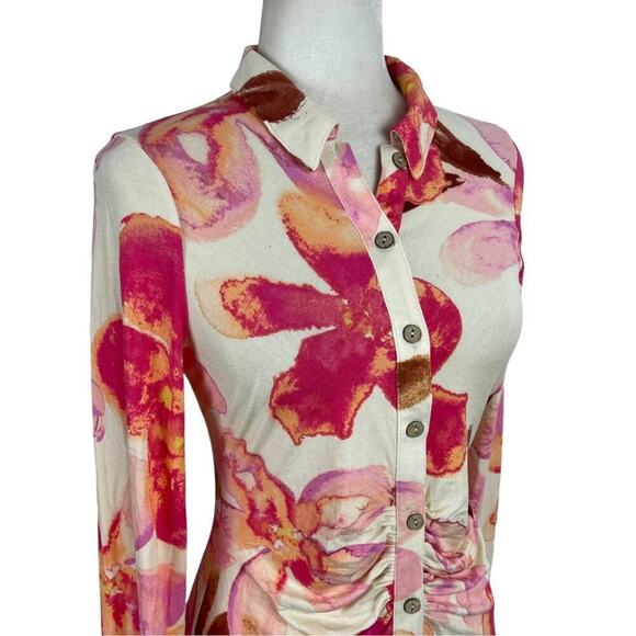 Free People Shayla Cream Floral Print Button Front Mini Dress Size Medium - Picture 8 of 15